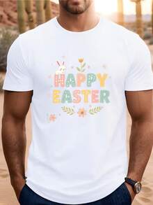 Conejo blanco junto a flores coloridas y letras alegres que celebran la Pascua con energía positiva camiseta de hombre moderna cómoda para diario - Blanco - View 1