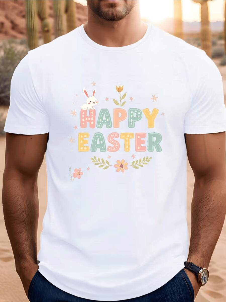 Conejo blanco junto a flores coloridas y letras alegres que celebran la Pascua con energía positiva camiseta de hombre moderna cómoda para diario - Blanco - View 1