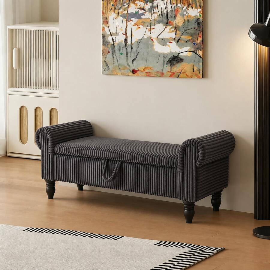 51.5" Storage Bench Ottoman With Storage, Upholstered Corduroy End Of Bed Bench With Rolled Arms, Ottoman Foot Rest Stool With Storage Chest, Storage Bench For Bedroom Living Room Furniture Entryway Window Seat Room Decor Dorm Room Essentials College - Dark Grey-Corduroy - 查看 1