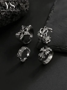 4pcs Set Punk Gothic Style Metal Rings, Cool Gift For Men, Party Accessories, Best Gift For Boyfriend - Antique Silver - View 1