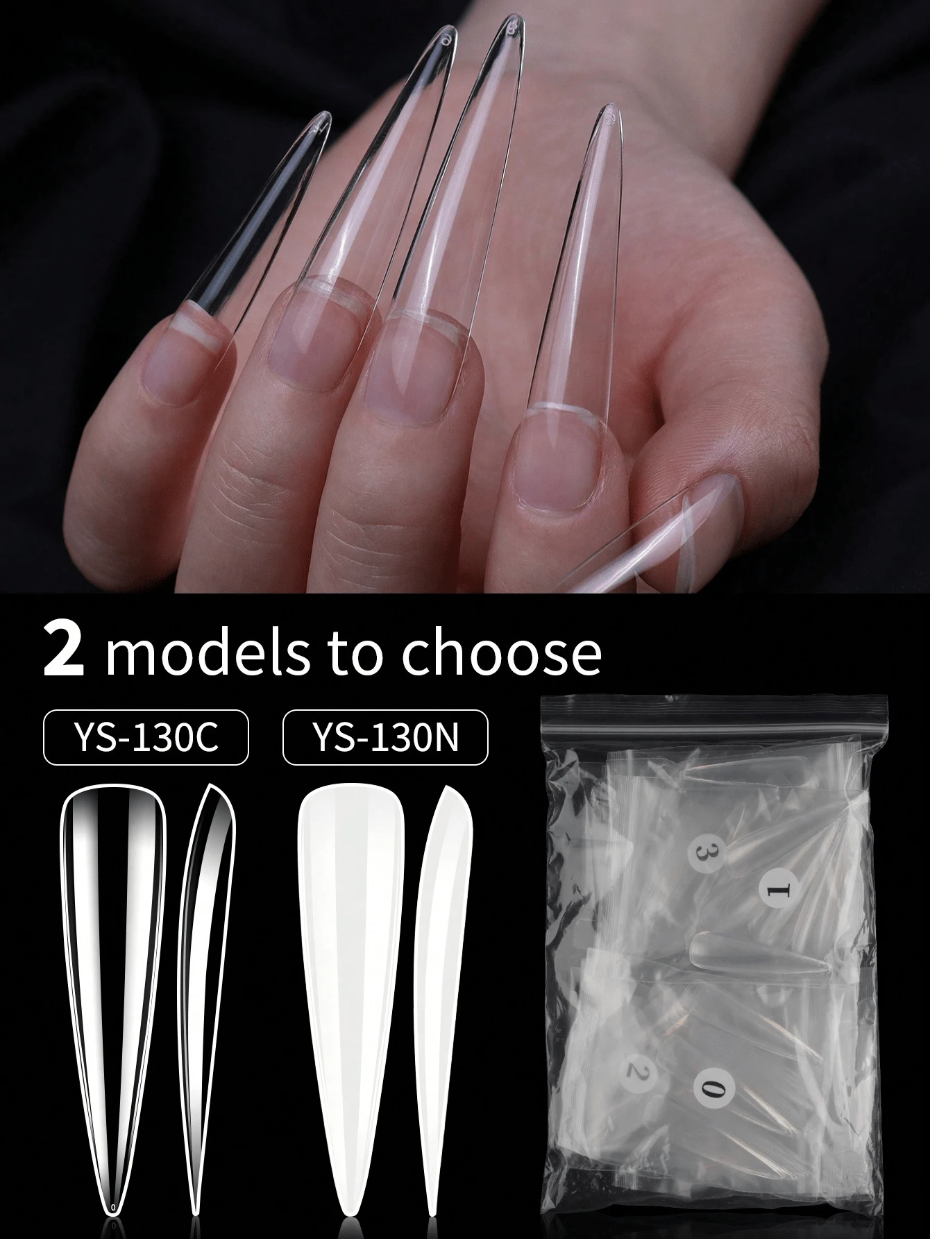 120pcs/Pack Extra Long Pointed Nail Tips, Transparent Full Coverage Fake Nails, Acrylic Artificial Nails, Long-Lasting Wear, Easy Application - 無色 - 查看 1