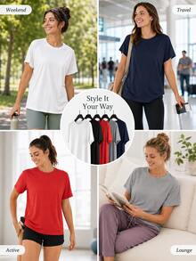 OKP 5pcs Large-Sized Multi-Color T-Shirts, Sporty And Casual Women's Wear, With A Simple And Elegant Style,Suitable For Daily Exercise, Running, Cycling - 彩色 - 查看 5