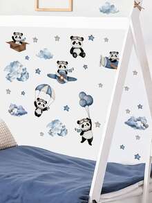 2pcs Watercolor Cartoon Panda Wall Stickers, Pilot Airplane/Panda Holding Bamboo With Clouds And Stars Pattern, Self-Adhesive Removable PVC Decals, Suitable For Living Room, Bedroom Or Early Education Classroom DIY Wall Decoration - Wall Stickers - View 5