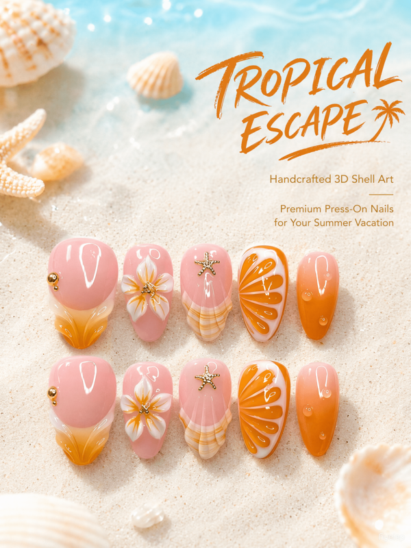 NAIO 10pcs Handcrafted 3D Shell Floral Starfish Gold Bead Decor Orange Gradient Fruit Slice Design, Glossy Nude Pink Full Cover False Nails, Tropical Escape Summer Vacation Style Press On Nails, Suitable For Almond Shaped Nails, Beach Daily Wear For Women