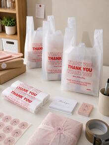 100入 20*40cm 白色 Thank You 塑膠 T 型購物袋，大號一次性超市外帶零售包裝袋，印有 Thank You，適用於商店、精品店、市集、烘焙店、外帶及居家日常使用 - 塑膠感謝袋 - 查看 10