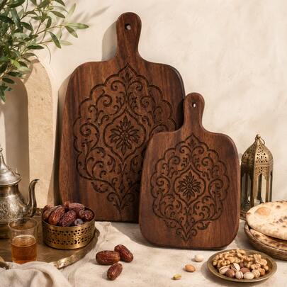 2PCS/1PC Walnut Wood Carved Cutting Board, Artistic Carved Steak Board, Desktop Decorative Cutting Board, Fashionable Long Handle, Solid Wood, For Cutting Meat, Cheese, Bread, Vegetables And Fruits - Charcuterie Board Cheese Serving Board, Perfect For Food Slicing And Display, Portable Cutting Board For Camping, Modern Home Country Kitchen Essential. Mother's Day Gift, Wedding Season Kitchen Supplies