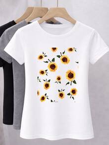 Playera Casual Mujer Estampado Integra Flores Girasoles Estética Soleada Radiante Look Vital Primavera Verano - Blanco - Ver 1