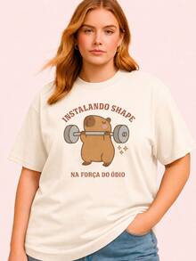 Women's Plus Size Plain Crew Neck T-Shirt, , Oversized, Funny Capybara Meme, Gym Top - 米白色 - 查看 1