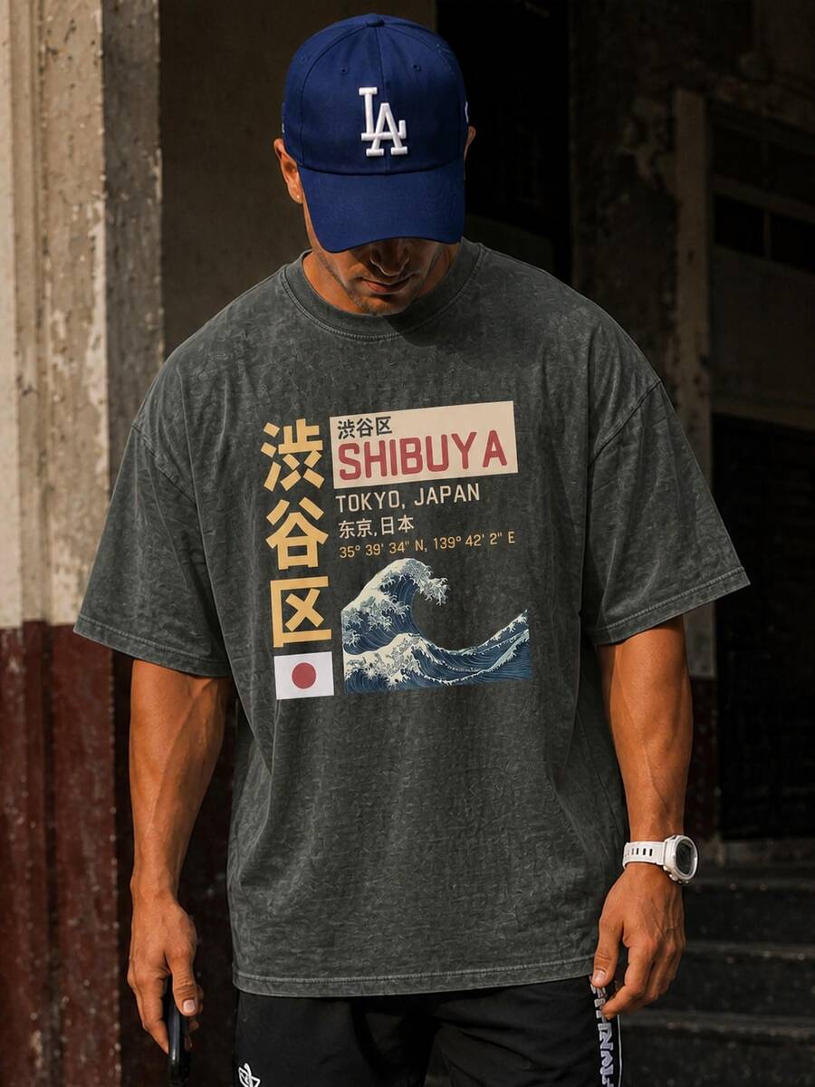 FRACTYR 男士夏季休闲街头风做旧原宿浮世绘印花图案T恤,柔软亲肤宽松圆领短袖T恤,复古美式街头风和日式风格 - 黑色 - 查看 1