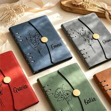 Personalized Leather Notebook Set, Customized A5 Loose-Leaf Diary With Name And Birth Flower, Matching Pen, Suitable For Teacher Gift, Graduation Gift And Travel Journal - Multicolor - View 2