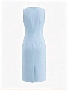 Robe d'été pour femme bleu clair, couleur unie, taille ajustée, fente au dos, sans manches, robe de soirée élégante noire pour femme, tenue de travail pour femme, robe formelle pour affaires, sorties et festivals - Bleu ciel - Voir 4