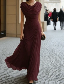 Spring And Autumn Women's Folded Ribbon Sparkling Evening DressLoose And Comfortable - Burgundy - View 4