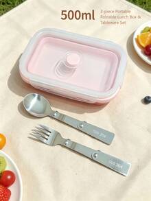 Collapsible Silicone Lunch Box Set With Lid, Food Storage Container, Collapsible Stainless Steel Utensils, Reusable, Portable, Suitable For Picnic, Camping, Office, School, Adult And Children Travel, Utensil Set, Collapsible Portable Lunch Box/Utensils, Fork, Spoon, Bento Box, Back To School Season - Multicolor - View 18