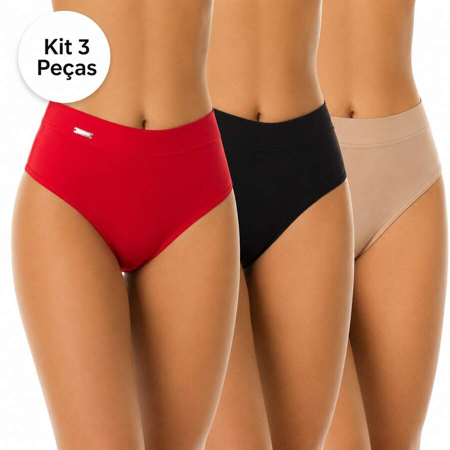 Kit 3 Calcinhas Calçolas Cintura Alta Cós Alto Modeladora Microfibra Confortável