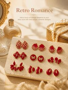 2/6/9 Pairs Minimalist Stainless Steel Earrings, Geometric Flower Design Hypoallergenic Studs, Suitable For Women's Daily, Holiday, Commute, Vacation Wear, Halloween Accessory, Women's Earrings - Red Earrings - View 4
