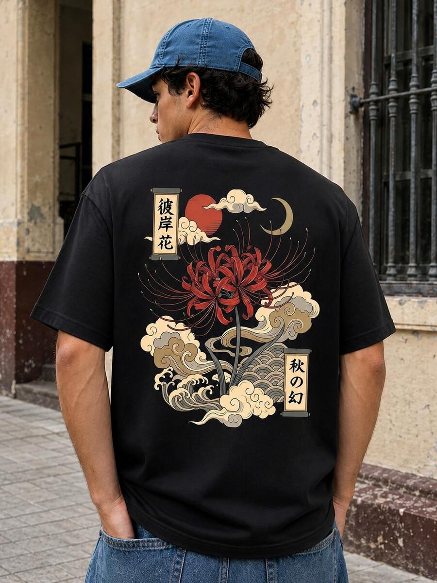 FRACTYR 男士夏季休闲街头芙蓉花和波浪云印花图案美式高街宽松圆领舒适透气T恤,纯色休闲上衣,适合户外穿着 - 黑色 - 查看 1