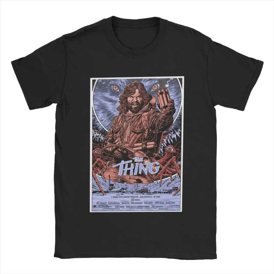 Camiseta gráfica de la película de terror The Thing para hombres, de algodón puro, cuello redondo, manga corta, con estampado gráfico - Negro - Ver 1