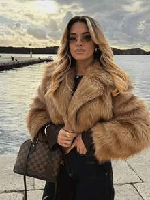 Women's Winter New Vintage Luxury Fashion Elegant Faux Fur Collar Coat - Brown - View 7