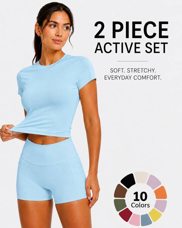 Conjunto deportivo de 2 piezas para mujer, top corto ajustado de manga corta y shorts de ciclista de cintura alta, conjunto de ropa deportiva elástica y suave para yoga y gimnasio.
