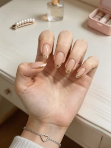 nailrosy 10Pcs Handmade Press On Nails Medium Oval Nude Fake Nails Gold Foil Metallic French Tip Gloss Luxury Elegant Daily Manicure - Gold - View 2
