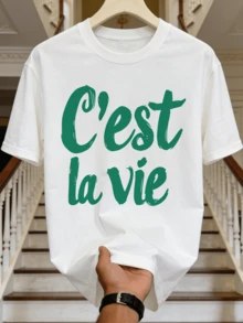 Herren Sommer Lässig Weich Rundhals Kurzarm-Shirt,Grün C'est La Vie handgeschriebener französischer Spruch Muster Grafik geeignet für den täglichen Gebrauch. - Weiss - Übersicht 4