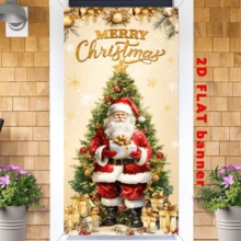 2D Flag Christmas-Themed Banner Background, Santa Claus Standing In Front Of The Decorated Christmas Tree, With Elements Of Golden Decorative Balls And Gift Boxes, No Power Supply Required - 1 - View 2