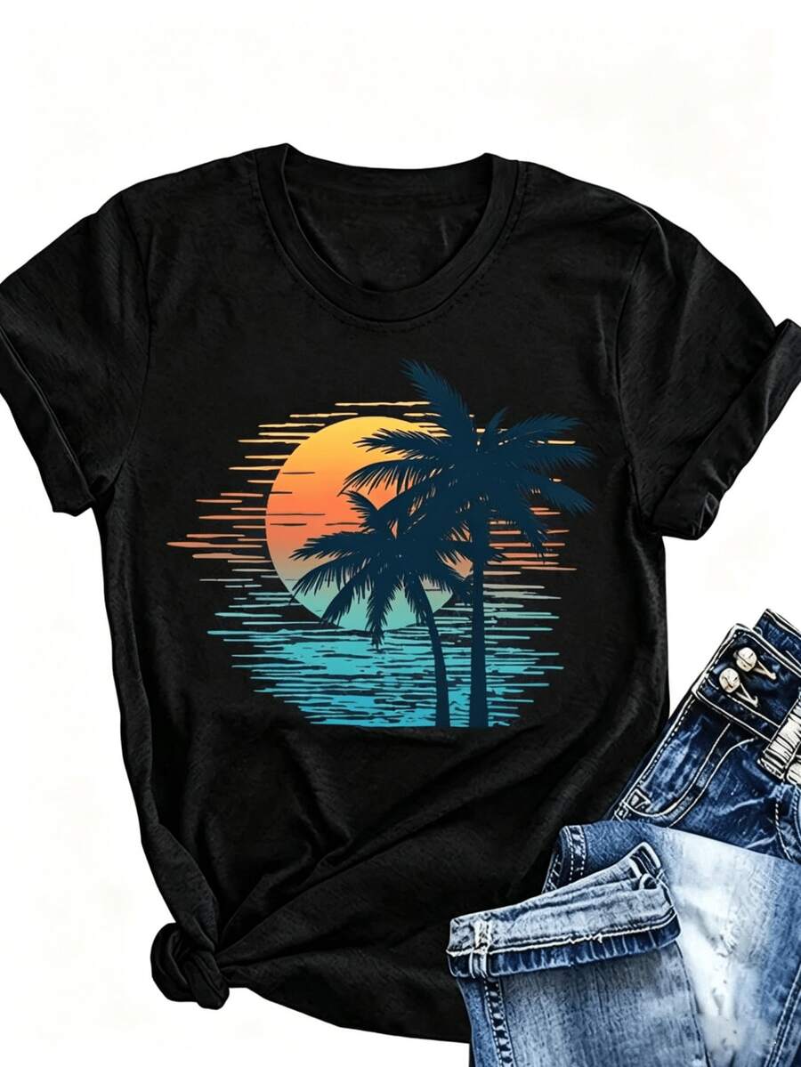 Camiseta de Mujer con Silueta de Palmera, Sol Degradado y Líneas Horizontales Simulando el Mar - Negro - Ver 1