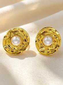 Gold Stainless Steel Earrings Set, Gold Enamel Red Sunflower Flower Pearl Earrings, Elegant Seashell, Petal Texture Floral Jewelry, Beach Earrings, Suitable For Daily Commute, Party, Wedding, Different Occasions Jewelry Accessories - Multicolor - View 4