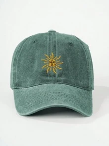 1件/2件刺繡太陽全季節戶外棒球帽復古水洗中性卡車帽透氣可調節高爾夫遮陽帽女款夏季時尚彎帽簷遮陽帽男款Y2K情侶遮陽帽 - 墨綠色 - 查看 6