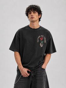Men's Oversized Washed Graphic T-Shirt Skull Rose Print Streetwear T-Shirt Heavyweight Casual Summer Tee - 黑色 - 查看 3