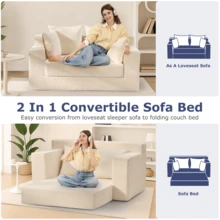 Convertible Sofa Bed, Loveseat Folding Floor Futon Sleeper Sofa Couch Bed- Full Size Boneless Foldable Couch, Corduroy Pull Out Sofa Bed With 2 Pillows For Living Room & Bedroom - 米色 - 查看 2