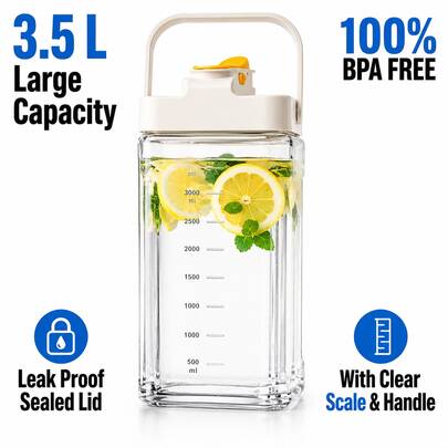 3.5L Large Capacity Fridge Water Pitcher, Odorless Smooth Tritan Plastic Leak Proof Drink Jug With Flip Spout Lid, Ergonomic Handle & Clear Scale, Wide Mouth Easy Clean Fruit Infusion Pitcher For Lemonade Iced Tea Camping
