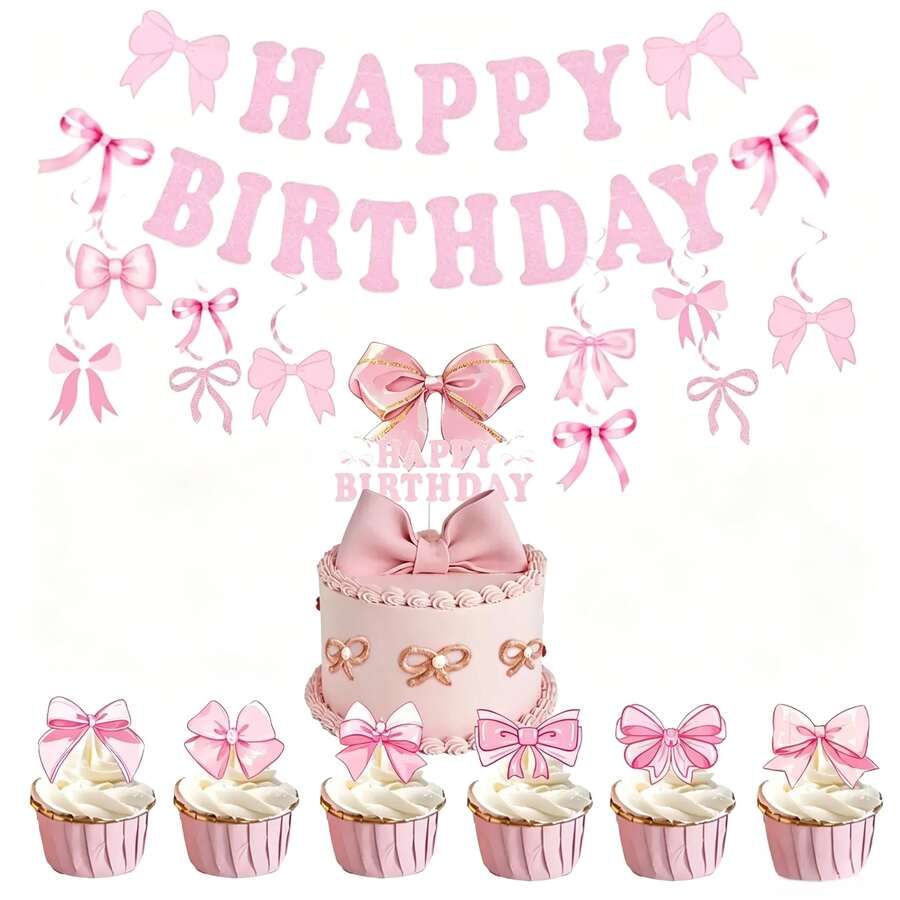Dieses 46 Stücke Party-Dekorationsset hat ein rosa Schleifen-Thema, einschließlich 15 Wimpelbanner, 6 Flaggen, 24 kleine Picks und 1 großer Pick. Es ist perfekt für Mädchen-Geburtstagspartys, Fotohintergründe und kann auch als Geschenke und Dekorationen verwendet werden.