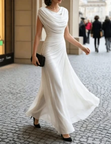 Spring And Autumn Women's Folded Ribbon Sparkling Evening DressLoose And Comfortable - White 2 - View 3