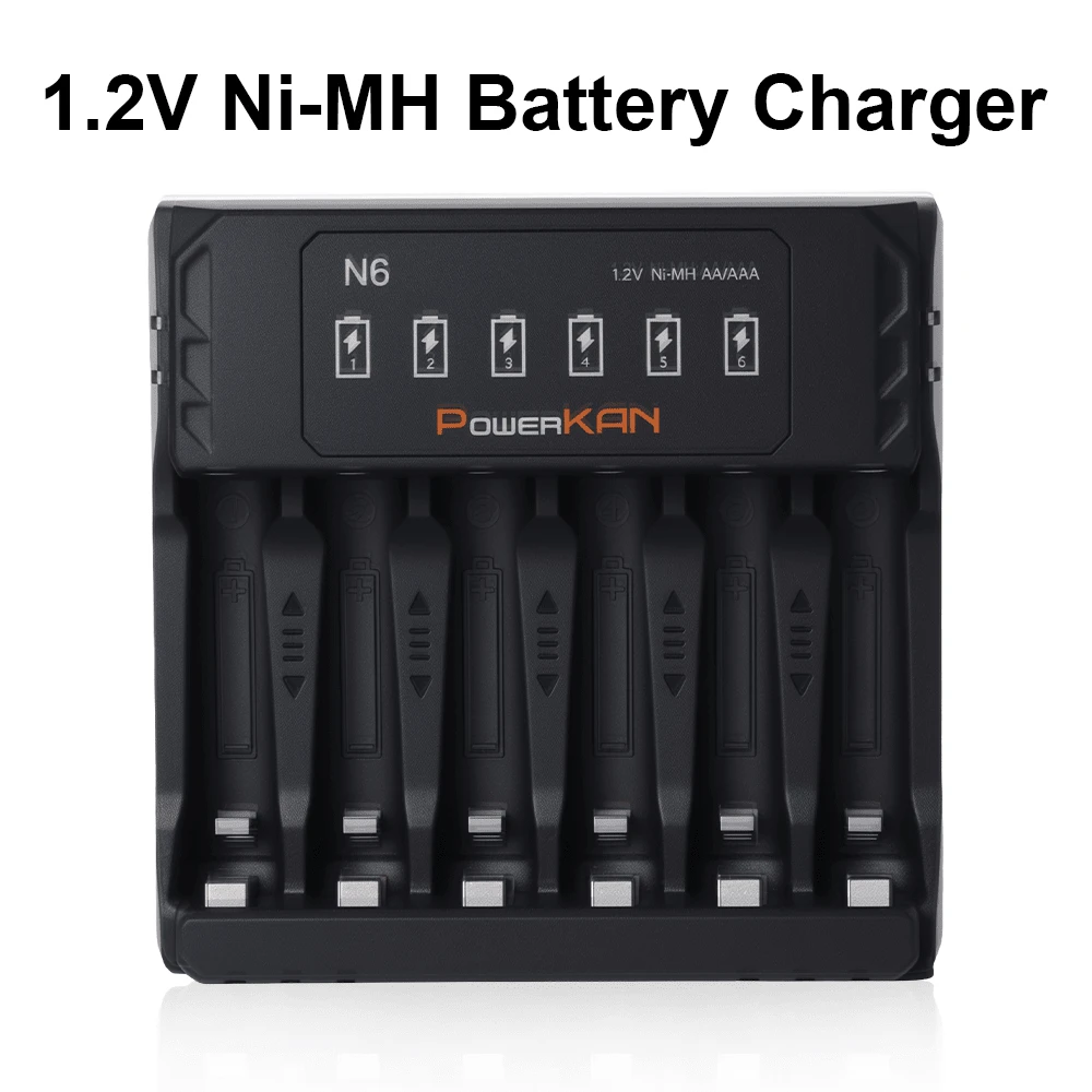 ¿Cansado de esperar por las baterías una por una? Cargador USB-C de 6 ranuras POWERKAN – 500mA por canal, carga las 6 a la vez. Para 1.2V Ni-MH/NiCd AA/AAA. Cable USB-C incluido. Prepara todo tu inventario de una sola vez.