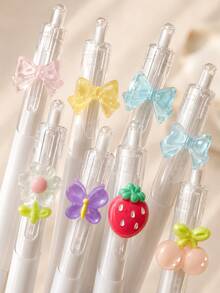 30/6/3/1pc Macaron Color Fruit Flower Butterfly Cute Pens, Japanese Style Cute High-Quality Plastic Retractable Round Barrel 3D Pendant Smooth Writing Stationery, Essential Back To School Gift For Girls And College Students - Multiple Styles - View 5