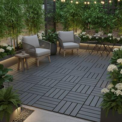 44 PCS Pack Interlocking Patio Deck Tiles Selbstverbindende Kunststoff-Terrassenfliesen,Wetterfest Polypropylen Bodenmatten, Rutschfeste Außenbodenbeläge Für Balkon, Garten, Poolbereich, Leicht Installierbar, Dunkelgrau 30*30cm