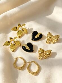 4 Pairs Stainless Steel Earrings Set, Large Pearl Studs, Round Pendant Earrings, Gold Enamel Black Flower Pearl Earrings, Elegant Petal Textured Floral Jewelry, Geometric Vintage Earrings, Suitable For Daily Commute, Party, Wedding, Different Occasions Jewelry Accessories - Multicolor - View 1