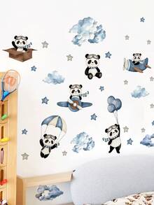 2pcs Watercolor Cartoon Panda Wall Stickers, Pilot Airplane/Panda Holding Bamboo With Clouds And Stars Pattern, Self-Adhesive Removable PVC Decals, Suitable For Living Room, Bedroom Or Early Education Classroom DIY Wall Decoration - Wall Stickers - View 3