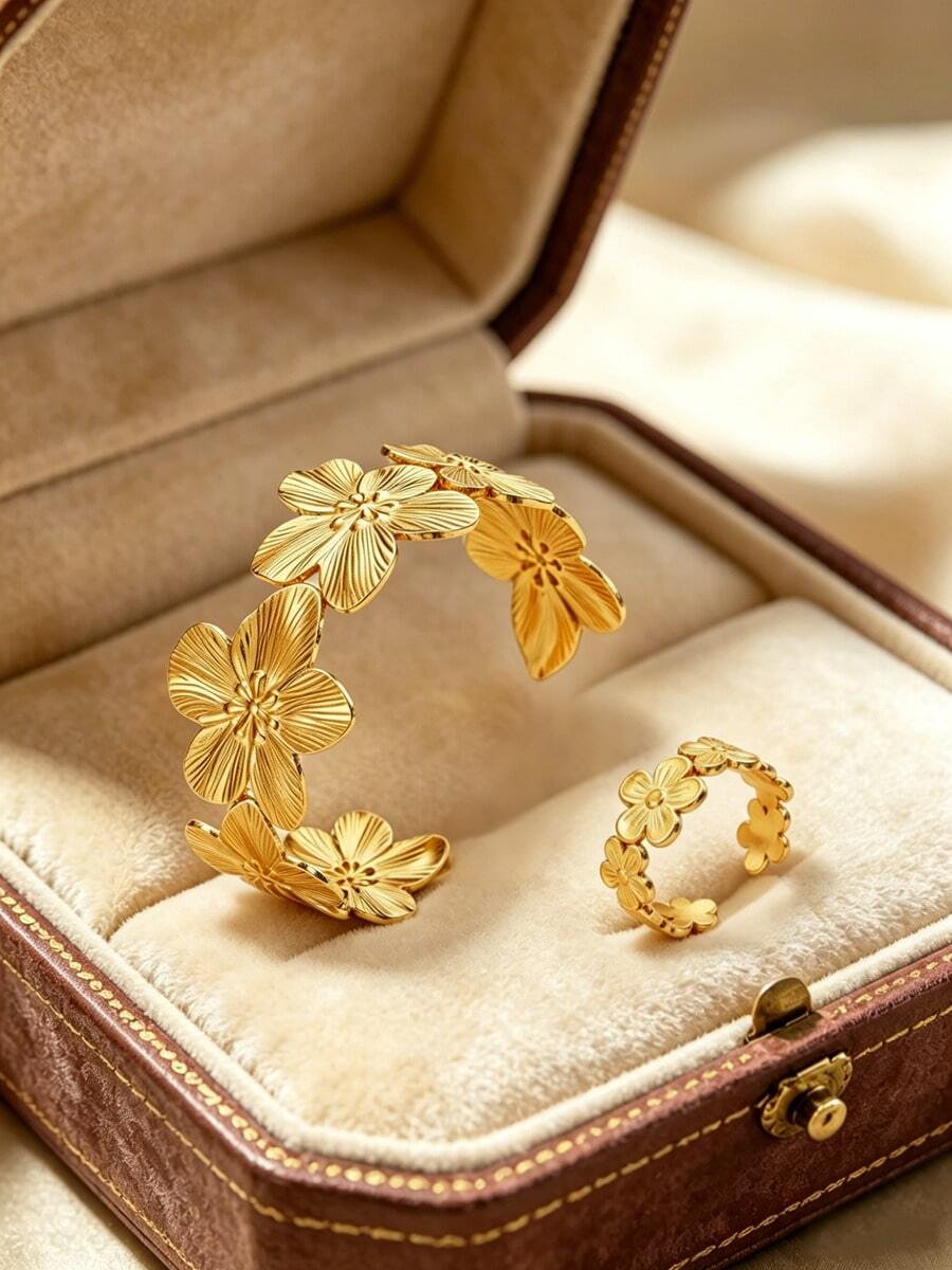 2PCS Minimalist Fashion Vintage Elegant Plumeria Openable Bracelet & Flower Ring Jewelry Set, Stainless Steel Women's Jewelry Set Suitable For Daily Wear/Garden Party/Wedding/Afternoon Tea/Holiday Gift For Girlfriend - Yellow Gold - View 1