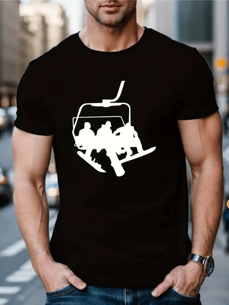 Esquiadores aventureros viajando en telesilla sobre monta?as nevadas simbolizando libertad y pasión por deportes de invierno camiseta de hombre - Negro - Ver 1