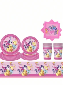 My Little Pony 派對餐具套裝，包含 10 個紙杯、10 個紙盤、小旗、派對帽，適合生日慶祝與節日派對裝飾，包含 Twilight Sparkle、Rainbow Dash、Pinkie Pie 等角色 - 彩色 - 查看 1
