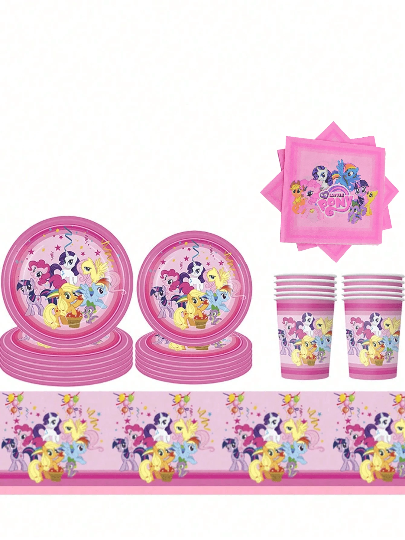 My Little Pony 派對餐具套裝，包含 10 個紙杯、10 個紙盤、小旗、派對帽，適合生日慶祝與節日派對裝飾，包含 Twilight Sparkle、Rainbow Dash、Pinkie Pie 等角色 - 彩色 - 查看 1