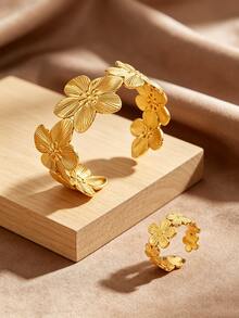 2PCS Minimalist Fashion Vintage Elegant Plumeria Openable Bracelet & Flower Ring Jewelry Set, Stainless Steel Women's Jewelry Set Suitable For Daily Wear/Garden Party/Wedding/Afternoon Tea/Holiday Gift For Girlfriend - Yellow Gold - View 5