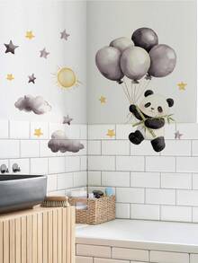 2pcs Watercolor Cartoon Panda Wall Stickers, Pilot Airplane/Panda Holding Bamboo With Clouds And Stars Pattern, Self-Adhesive Removable PVC Decals, Suitable For Living Room, Bedroom Or Early Education Classroom DIY Wall Decoration - Wall Stickers - View 1