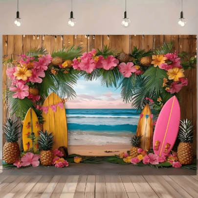 1 pieza Fondo de playa de la hawaiana, material de poliéster, patrón de flamenco y tabla de surf, sin necesidad de electricidad, adecuado para decoración de fiestas y accesorios de fotografía