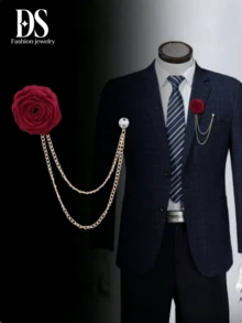 1pc Korean Style Groom & Groomsman Wedding Corsage, Handmade Fabric Rose Brooch With Tassel Chain, Men's Suit Accessory For Formal Wear - Corsage - View 1