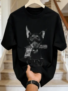 Chemise d'été décontractée pour hommes, col rond doux, manches courtes, imprimé graphique portrait artistique de Doberman Pinscher, convient pour le port quotidien. - Noir - Voir 4