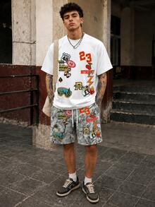 Bộ đồ nam mùa hè FRACTYR phong cách đường phố Mỹ cổ điển, in hình graffiti 23 Racing, gồm áo thun cổ tròn tay ngắn và quần short cạp chun, thoải mái và thoáng khí, thích hợp cho mùa hè. - trắng - Xem 1