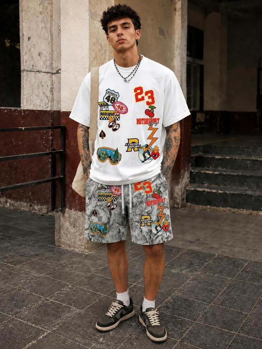Bộ đồ nam mùa hè FRACTYR phong cách đường phố Mỹ cổ điển, in hình graffiti 23 Racing, gồm áo thun cổ tròn tay ngắn và quần short cạp chun, thoải mái và thoáng khí, thích hợp cho mùa hè. - trắng - Xem 1